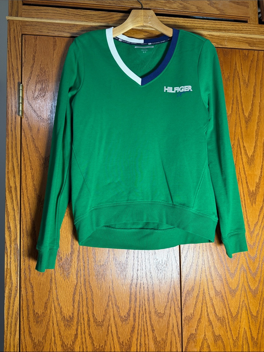 Tommy Hilfiger Green Long Sleeve V-Neck Tee with White & Navy Trim
